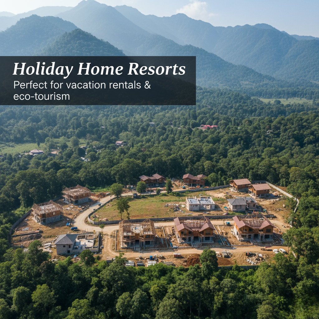 “Scenic resort plot near Jim Corbett, big villas/cottages under construction on the property, forest/mountain as surrounding and daylight. Inset short heading: ‘Holiday Home Resorts’ and text info: ‘Ideal for holiday rentals & eco-tourism’, chic overlay, hi-res photorealistic.
