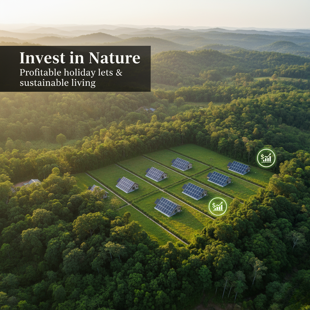“Eco-friendly villa plots near Jim Corbett with solar panels, dense forest and minimum investment icon overlay. “The brief – include a short heading ‘Invest in Nature’ & text info: ‘Profitable holiday lets & sustainable living’, [Create] photo realistic, high resolution; professional illustration.