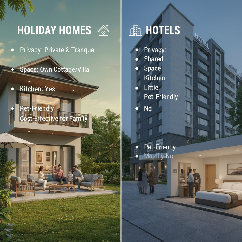 This split image compares Holiday Homes and Hotels side-by-side, listing key differences in a rendered setting. The left panel shows a two-story modern cottage with a family on the patio, highlighting holiday homes' benefits like private and tranquil privacy, owning your own space, having a kitchen, and being pet-friendly and cost-effective for families. The right panel features a large, dark hotel building and a lobby scene, noting that hotels offer shared privacy, less space, a lack of a kitchen, and are mostly not pet-friendly.
