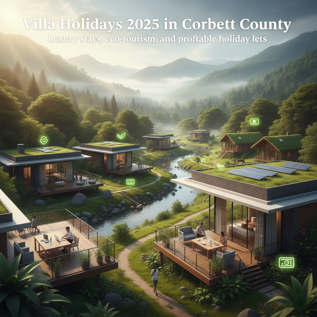 An aerial view of a picturesque, lush green valley where a winding stream flows between several modern, eco-friendly villa cottages. The villas feature green roofs (some with solar panels) and large glass walls, with residents visible on wooden decks enjoying the view. The valley is surrounded by misty, forested mountains under a sunlit sky. Floating green icons over the properties indicate ecological features. White text overlay at the top reads: "Villa Holidays 2025 in Corbett County" and "Luxury stays, eco-tourism, and profitable holiday lets".