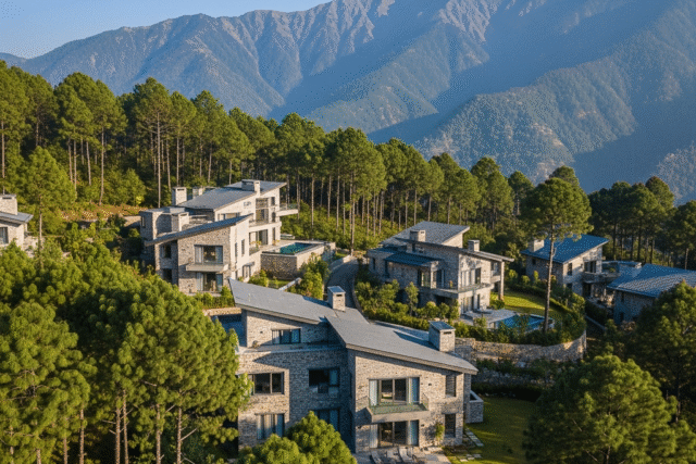 Aerial view of eco-luxury villa plots near Jim Corbett surrounded by lush forest and hills.