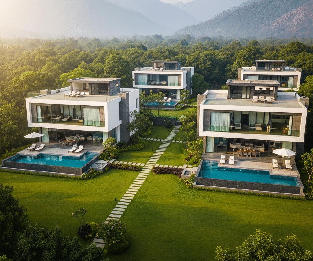 Aerial view of luxury villas surrounded by forest and mountains in Corbett County Uttarakhand.