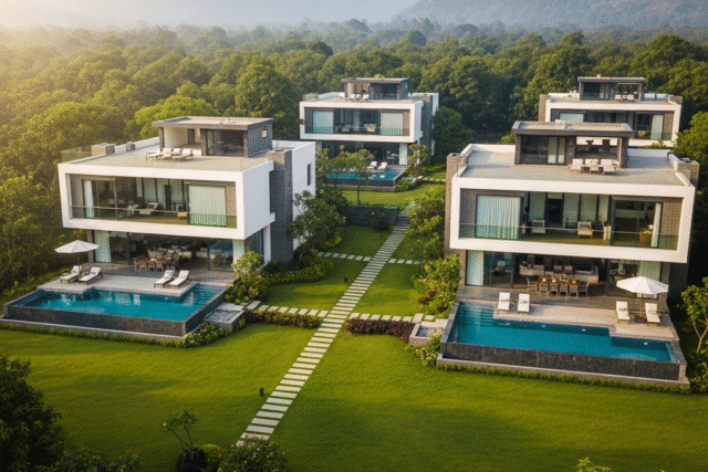Aerial view of luxury villas surrounded by forest and mountains in Corbett County Uttarakhand.