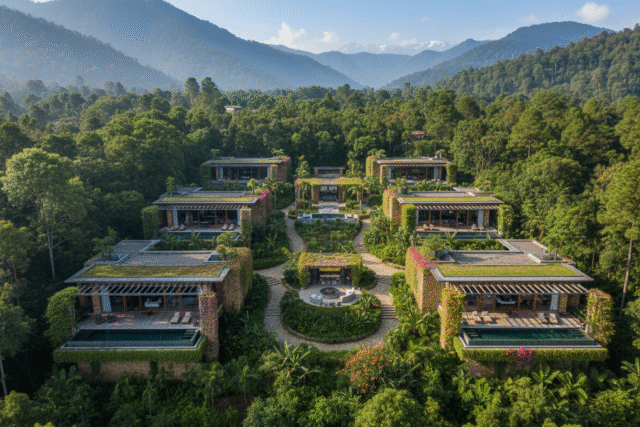 Luxury forest-view villas near Jim Corbett surrounded by greenery and hills.