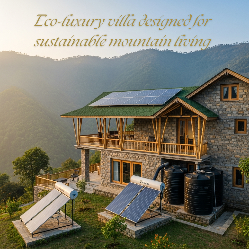 Eco-friendly luxury villa with solar panels and natural design in Uttarakhand hills
