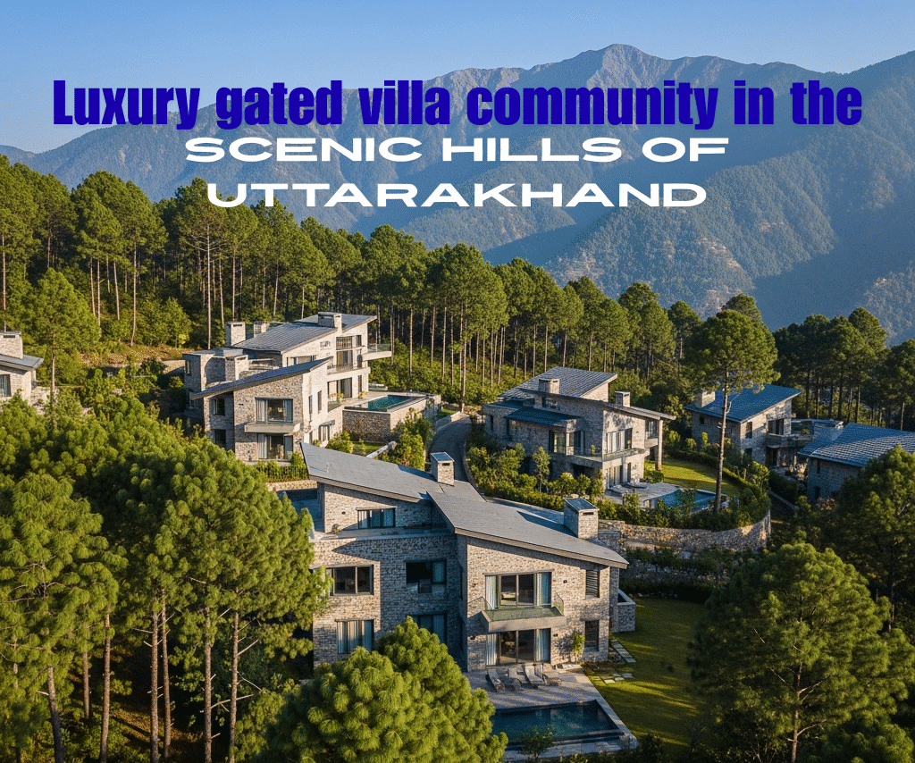 Modern gated villa project in the hills of Uttarakhand surrounded by mountains and greenery