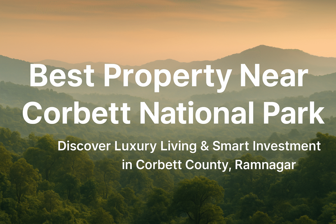 “Promotional banner showcasing Corbett County near Corbett National Park, featuring lush green forest hills under golden sunlight with text reading ‘Best Property Near Corbett National Park – Discover Luxury Living & Smart Investment in Corbett County, Ramnagar.’”