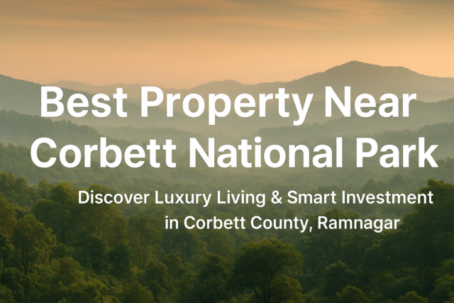 “Promotional banner showcasing Corbett County near Corbett National Park, featuring lush green forest hills under golden sunlight with text reading ‘Best Property Near Corbett National Park – Discover Luxury Living & Smart Investment in Corbett County, Ramnagar.’”