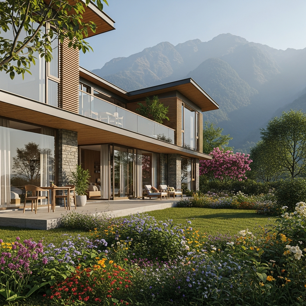 Modern weekend home near Jim Corbett Ramnagar with scenic mountain view