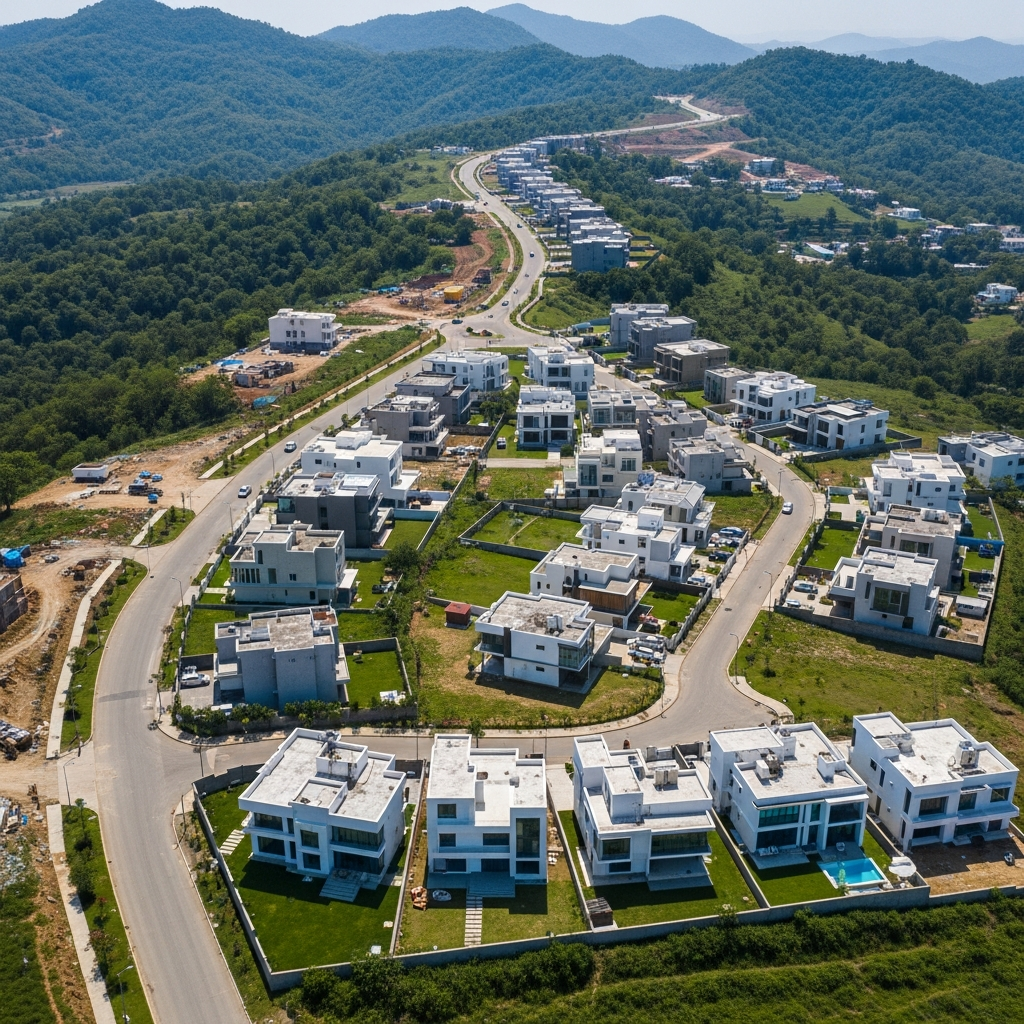 Aerial view of Corbett County Ramnagar real estate development surrounded by hills