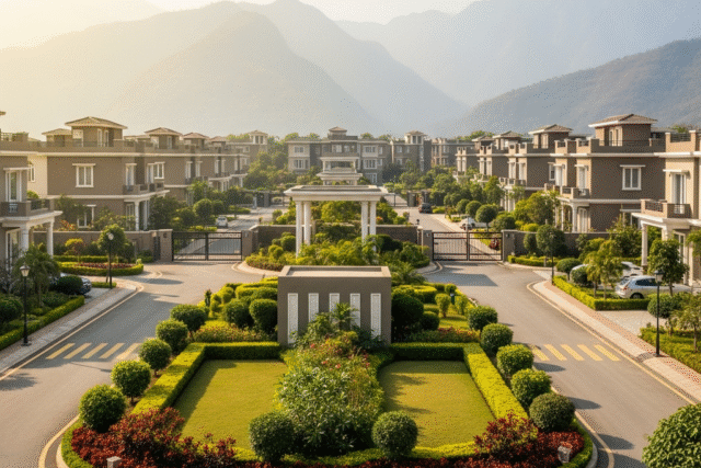 Aerial view of a luxurious gated township surrounded by dense green forest and mountains near Jim Corbett National Park, Ramnagar Uttarakhand. Modern villas and plots with clean roads, lush landscape, and river nearby. Elegant typography overlay text: “How to Buy Land in Corbett County, Ramnagar Uttarakhand”. Add natural sunlight, clear blue sky, luxury real estate ambience, eco-living feel, high-resolution 8K, cinematic lighting, perfect for website blog banner.